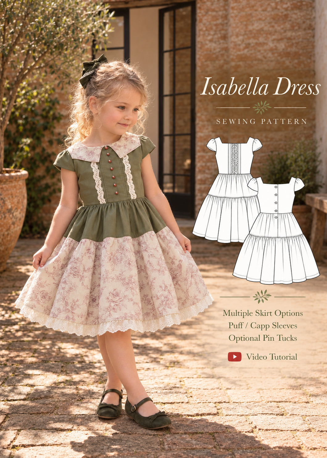 Isabella Dress PDF sewing pattern cover. Little girl in a dress with a green pin-tucked bodice, puff sleeves and gathered floral tiered skirt, shown with technical drawings of the dress variations.