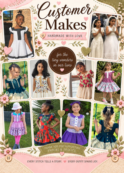 Isabella Dress PDF sewing pattern. Customer makes collage: girls wearing handmade Isabella dresses sewn by customers in many fabrics, colours and styles.