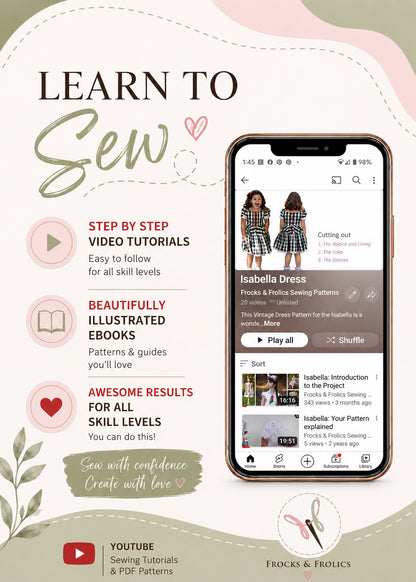 Isabella Dress PDF sewing pattern. Learn to sew with step-by-step video tutorials on YouTube, beautifully illustrated ebooks and awesome results for all skill levels.
