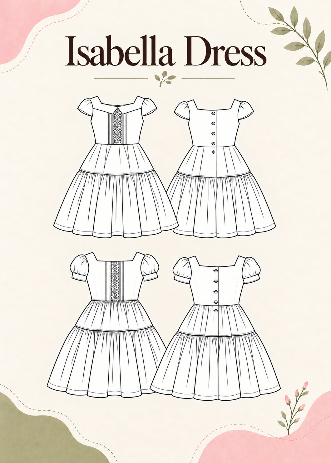 Isabella Dress PDF sewing pattern. Technical drawings of the front and back views: cap sleeve version with pin-tucked bodice and puff sleeve version, both with button back and tiered skirt.