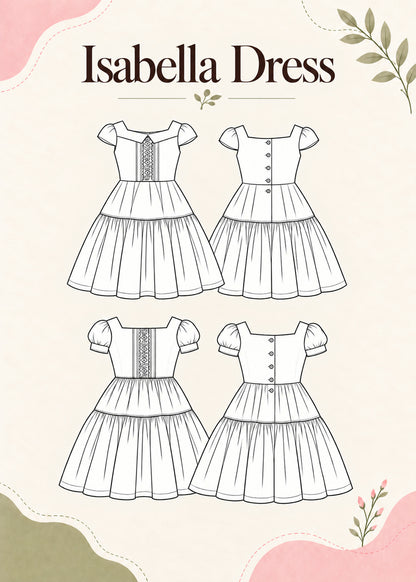 Isabella Dress PDF sewing pattern. Technical drawings of the front and back views: cap sleeve version with pin-tucked bodice and puff sleeve version, both with button back and tiered skirt.