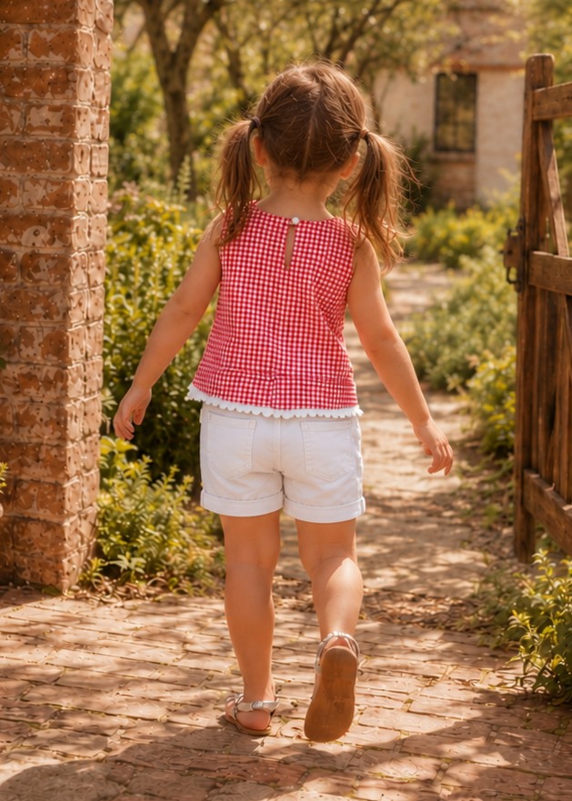 Back view of a girl walking in a red gingham sleeveless top with button back and white shorts, made with the Lily blouse PDF sewing pattern by Frocks & Frolics