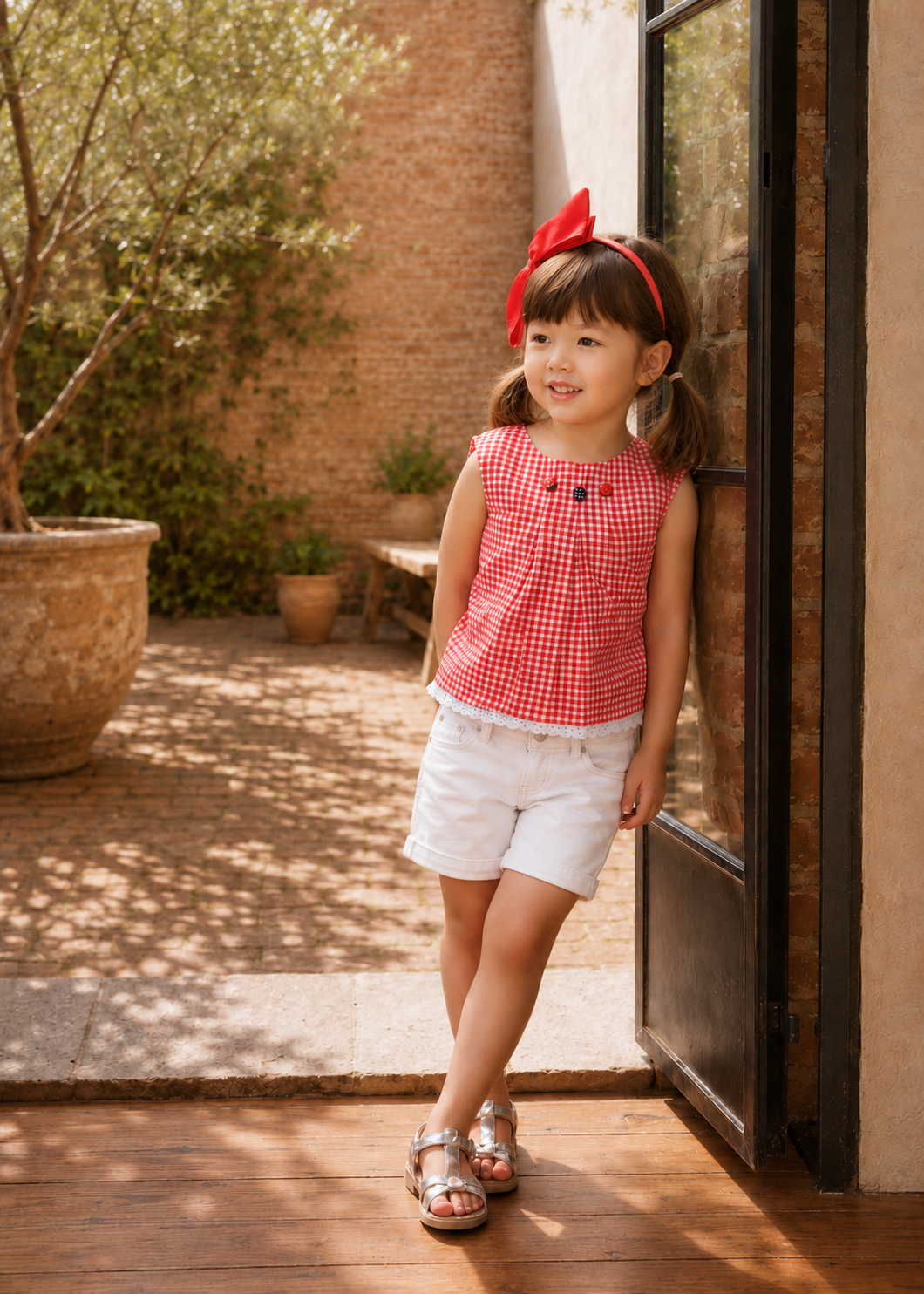 Girl in a red gingham sleeveless top with front pleats and white shorts, made with the Lily blouse PDF sewing pattern by Frocks & Frolics, leaning against a doorway