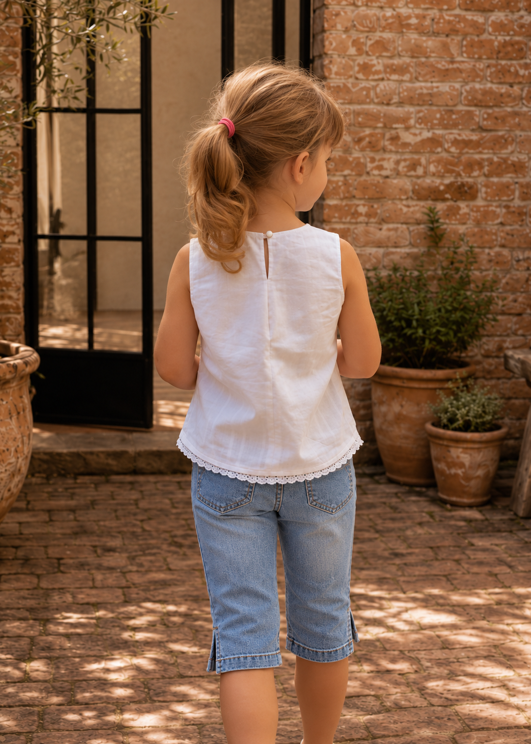 Back view of a white sleeveless top with lace hem made with the Lily blouse PDF sewing pattern by Frocks & Frolics, worn with denim jeans