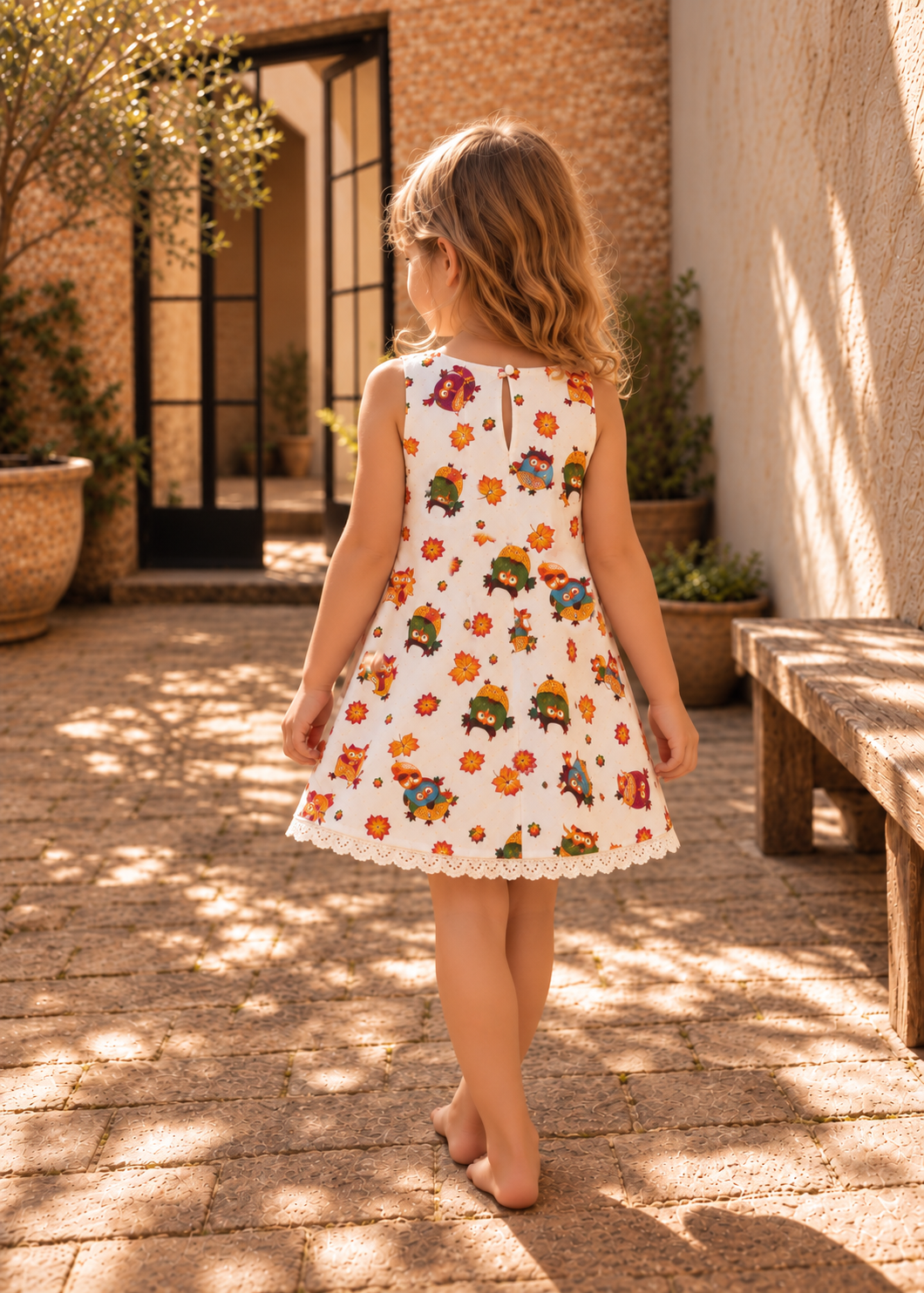 Back view of a girl walking in a sleeveless floral print A-line dress made with the Lily dress PDF sewing pattern by Frocks & Frolics