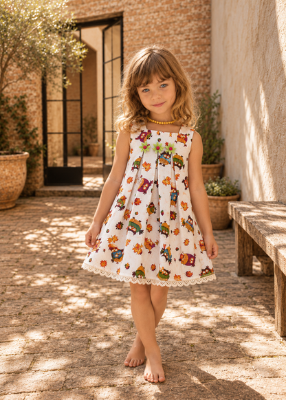 Girl wearing a sleeveless floral print A-line dress made with the Lily dress PDF sewing pattern by Frocks & Frolics, standing in a sunlit brick courtyard