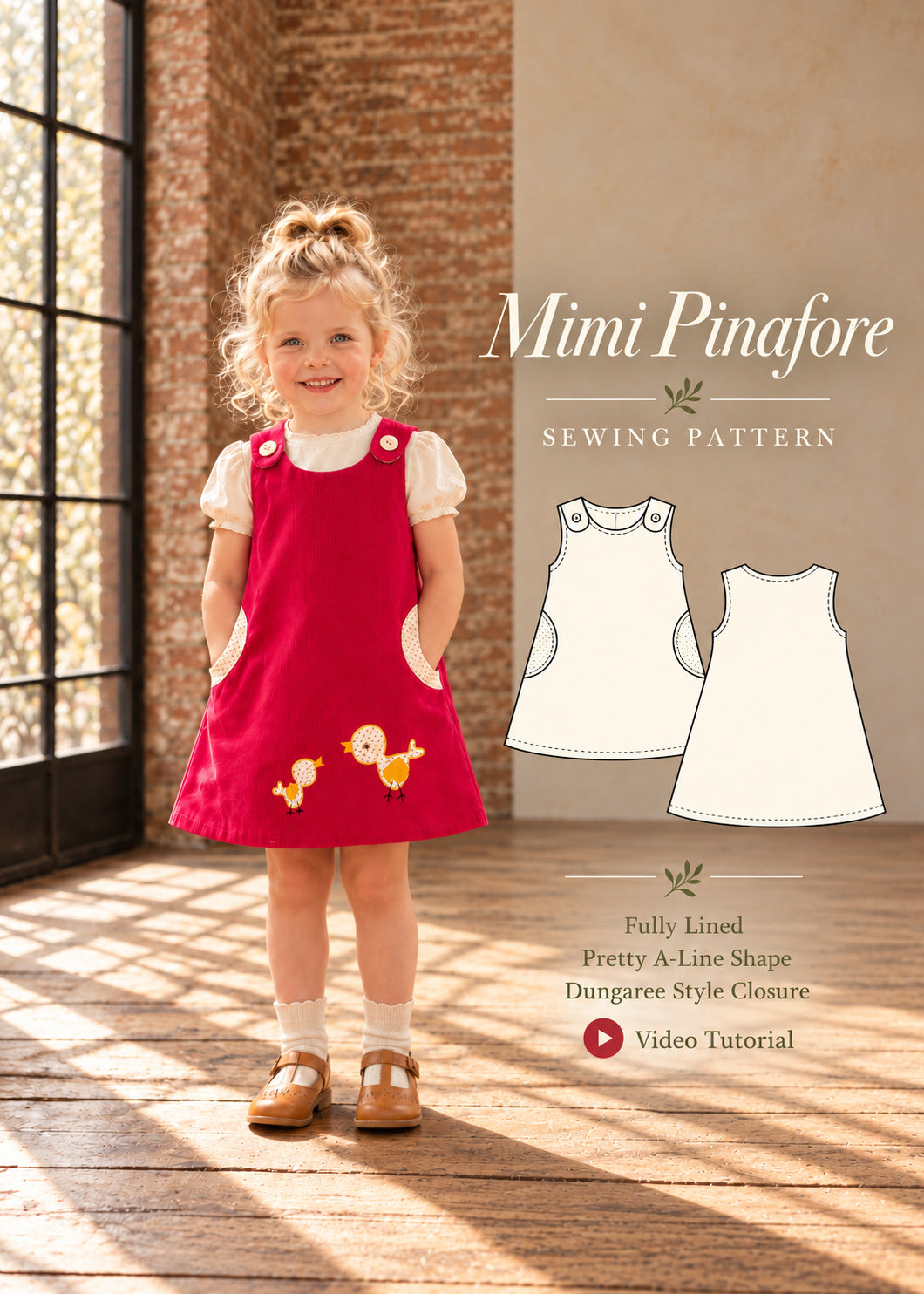 Mimi Pinafore dress PDF sewing pattern for girls. Girl wearing a red corduroy pinafore with bird appliqué and round side pockets, shown with front and back technical drawings. Fully lined, A-line shape, dungaree style closure, video tutorial.