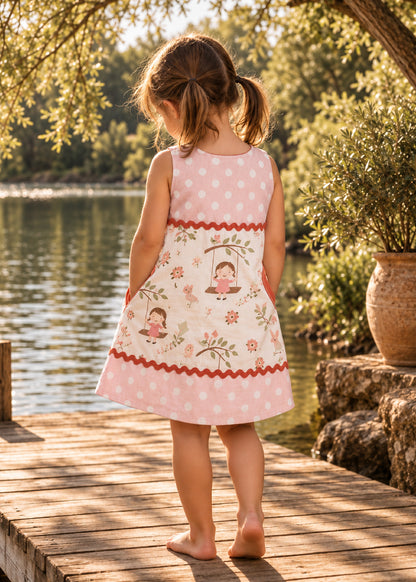 Mimi Pinafore dress PDF sewing pattern. Back view of a little girl on a lakeside jetty wearing a pink gingham pinafore with a floral panel and red ric rac trim.