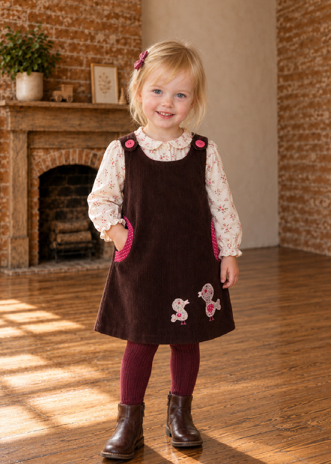 Mimi Pinafore dress PDF sewing pattern. Winter version: toddler girl in a burgundy corduroy pinafore with pink pocket lining and bird appliqué, worn over a floral blouse.