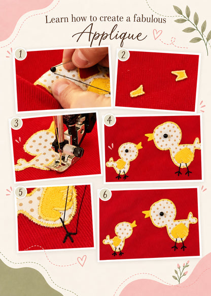 Mimi Pinafore dress PDF sewing pattern. Learn how to create a fabulous appliqué: six step-by-step photos sewing a polka dot bird appliqué onto red corduroy.