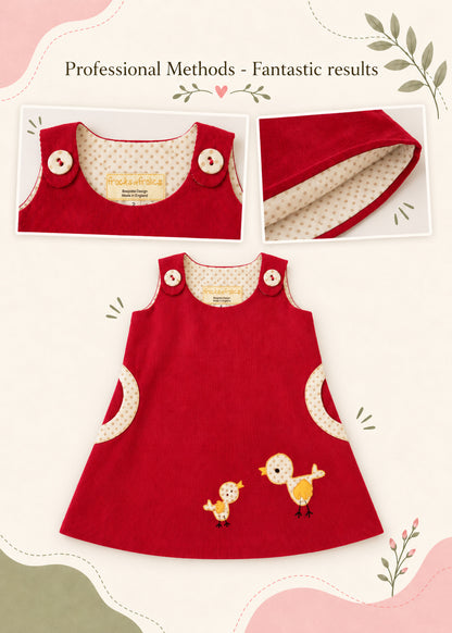 Mimi Pinafore dress PDF sewing pattern. Professional methods, fantastic results: fully lined red corduroy pinafore with polka dot lining, button shoulder tabs, round pockets and bird appliqué.
