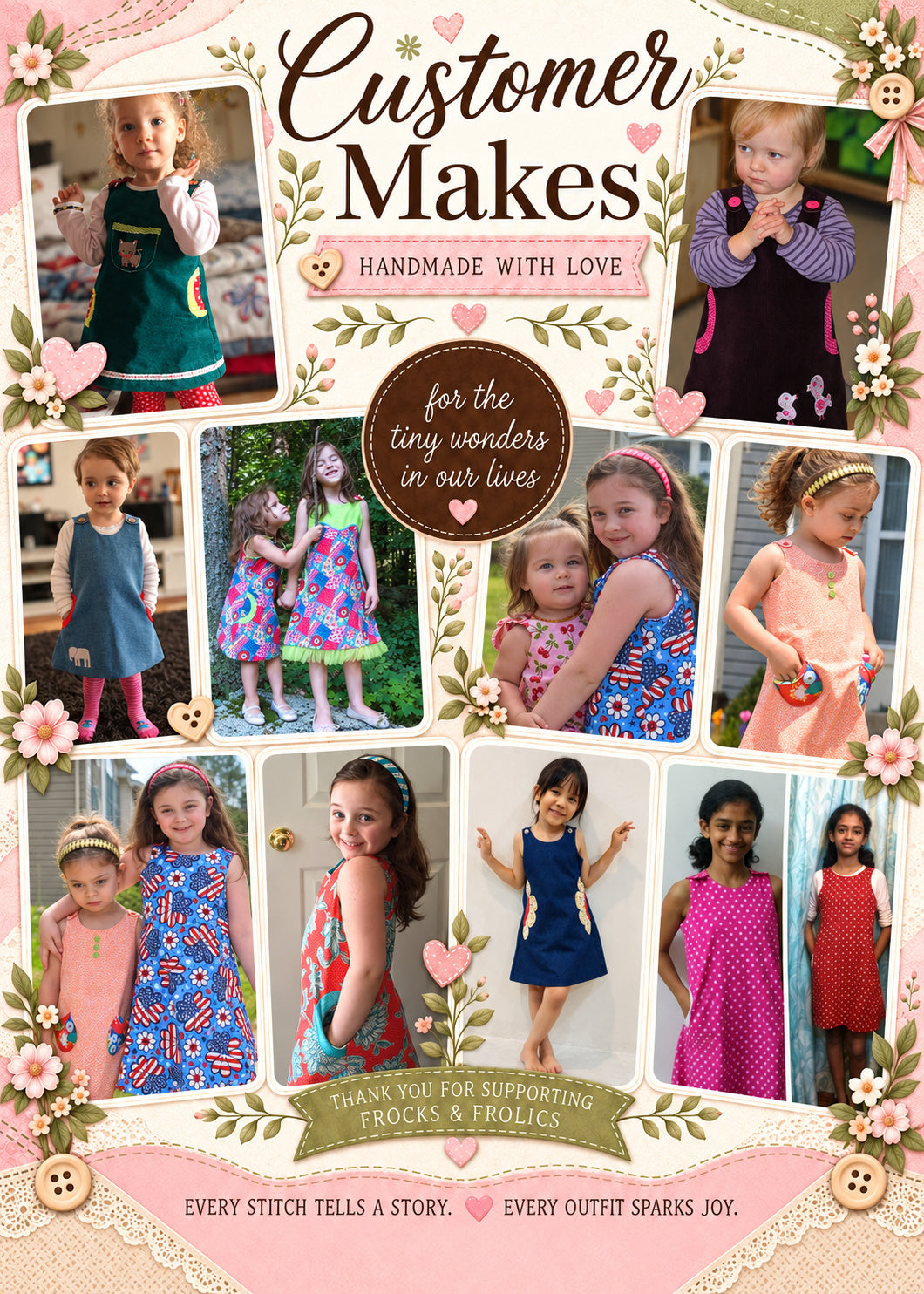 Mimi Pinafore dress PDF sewing pattern. Customer makes collage: girls wearing handmade Mimi pinafore dresses sewn by customers in a variety of fabrics and colours.
