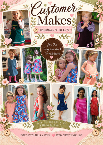 Mimi Pinafore dress PDF sewing pattern. Customer makes collage: girls wearing handmade Mimi pinafore dresses sewn by customers in a variety of fabrics and colours.