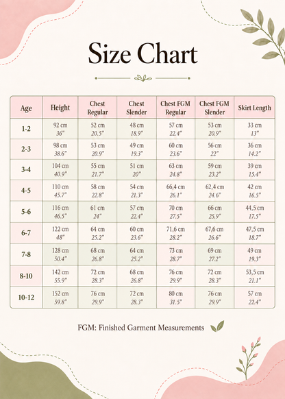 Mimi Pinafore dress PDF sewing pattern. Size chart for ages 1-2 to 10-12 with height, regular and slender chest, finished garment measurements and skirt length in cm and inches.