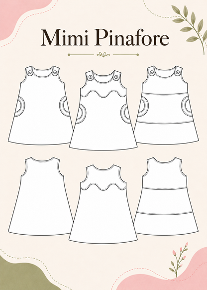 Mimi Pinafore dress PDF sewing pattern. Technical drawings of six design variations: front and back views with round feature pockets, wavy and straight colour blocking, and tiered skirt options.