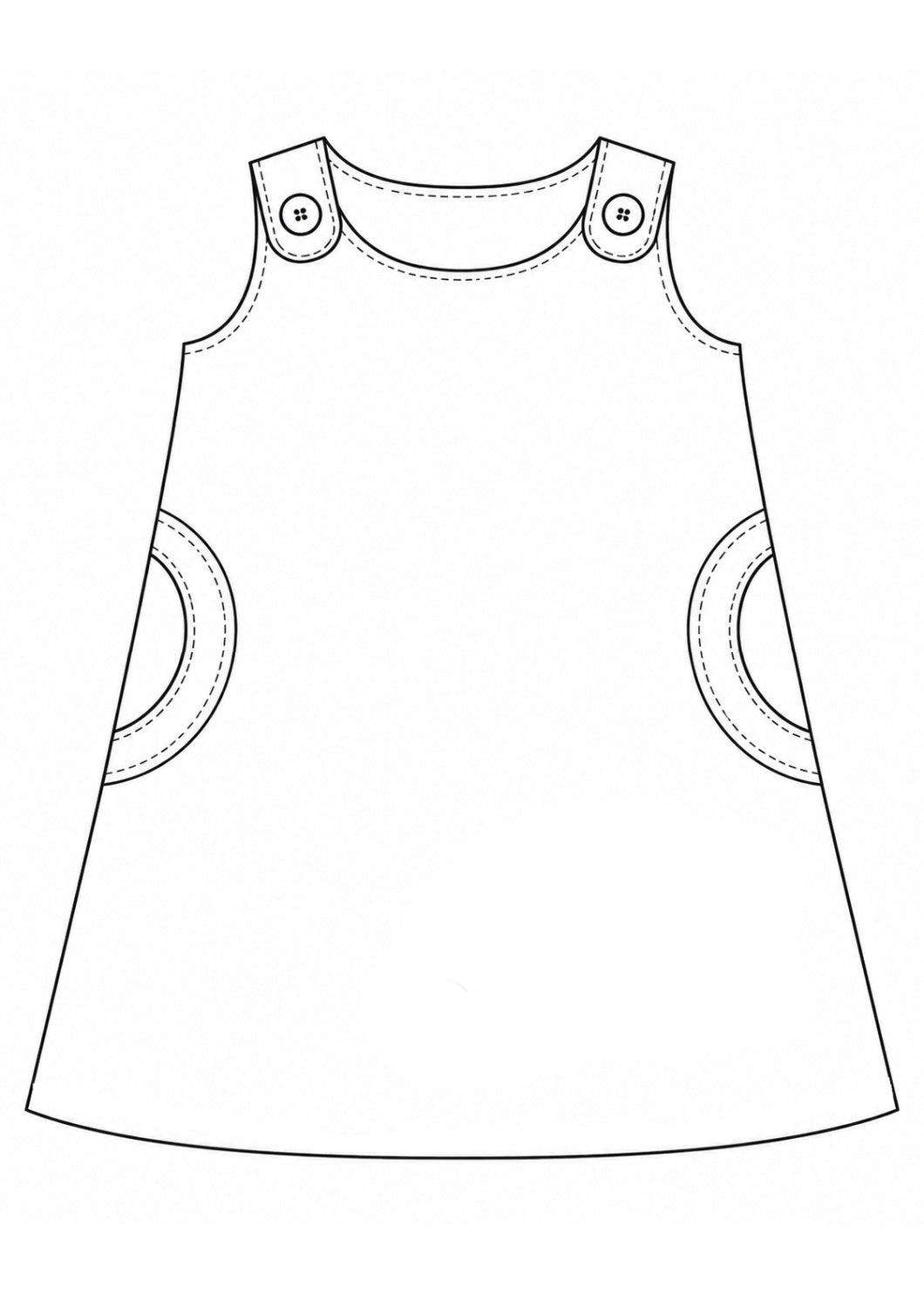 Mimi Pinafore dress PDF sewing pattern. Flat technical drawing of the A-line pinafore dress front with shoulder button tabs and round side pockets.