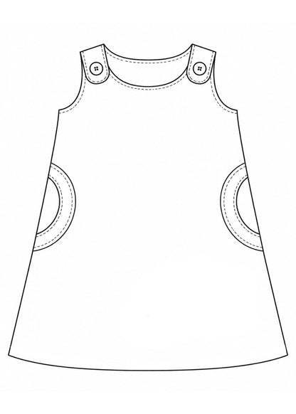 Mimi Pinafore dress PDF sewing pattern. Flat technical drawing of the A-line pinafore dress front with shoulder button tabs and round side pockets.
