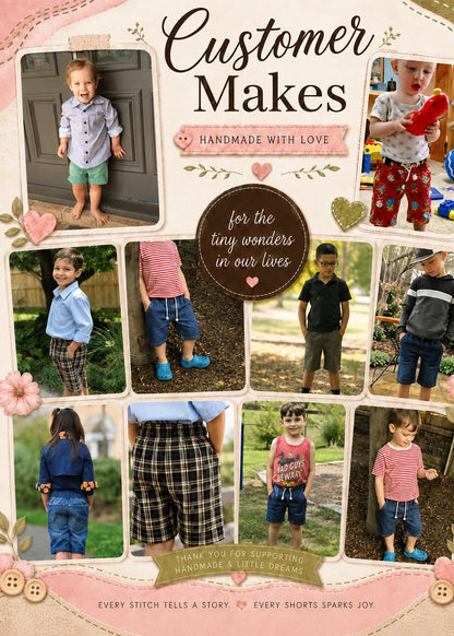 Collage of customer photos titled "Customer Makes, Handmade with Love" showing children wearing various finished versions of the Oscar Shorts pattern in different fabrics
