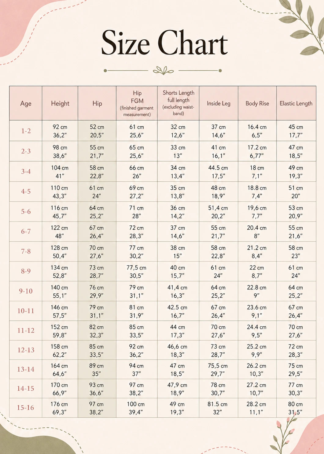 Oscar Shorts size chart showing age, height, hip, shorts length, inside leg, body rise, and elastic length measurements for sizes 1-2 through 15-16 years