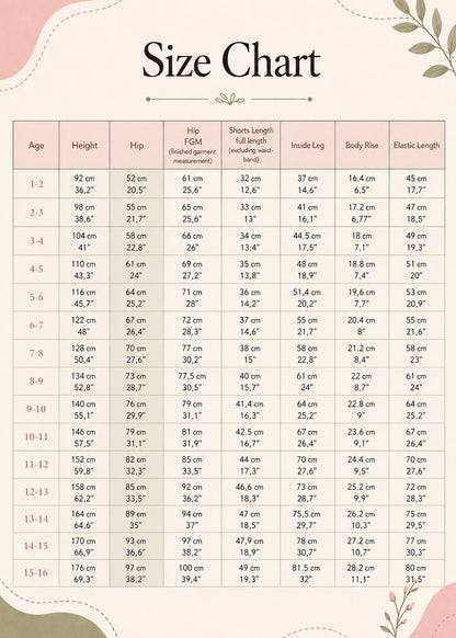 Oscar Shorts size chart showing age, height, hip, shorts length, inside leg, body rise, and elastic length measurements for sizes 1-2 through 15-16 years
