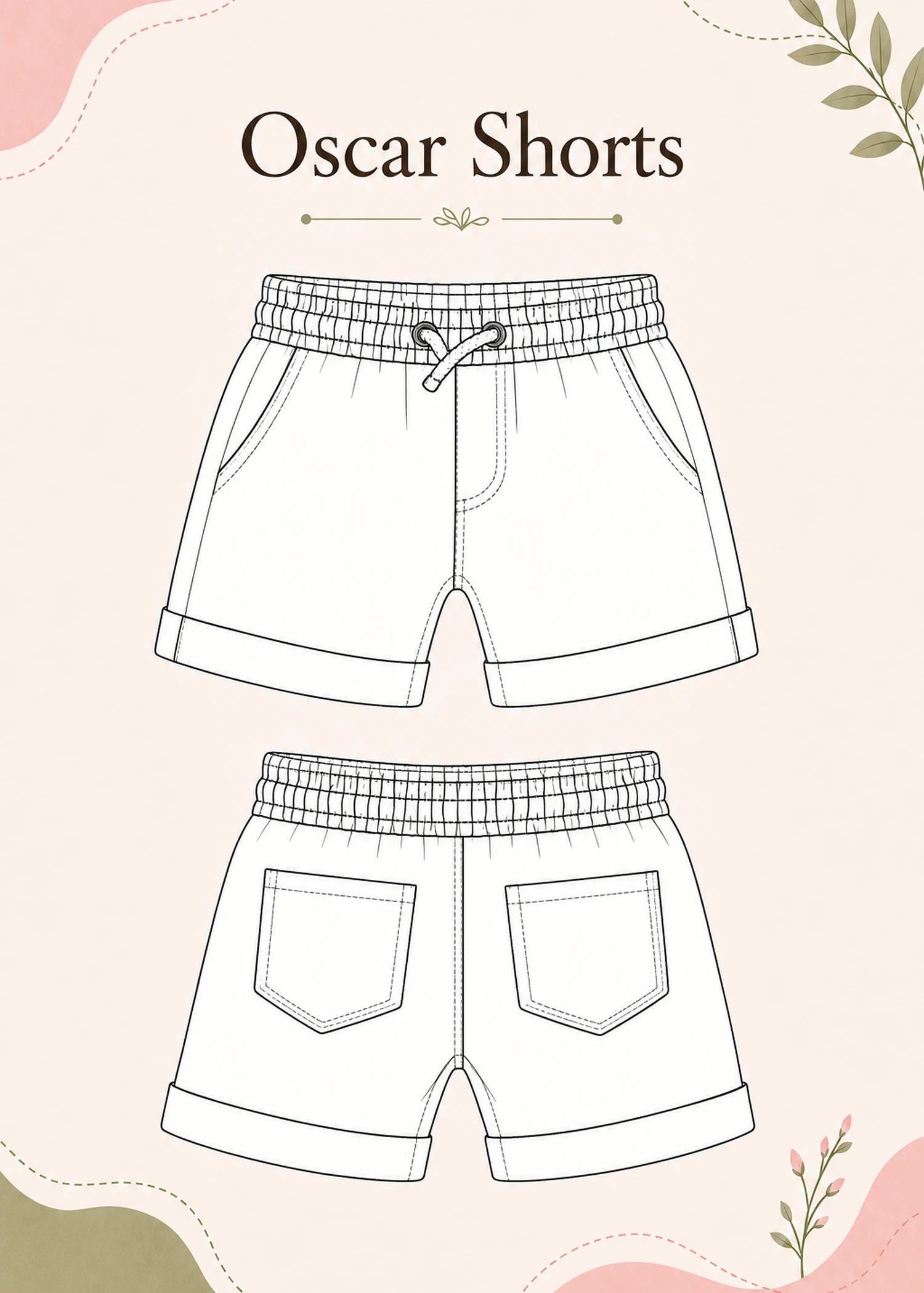 Technical flat sketch of the Oscar Shorts sewing pattern showing front and back views with elastic waistband, drawstring, side pockets, and back patch pockets