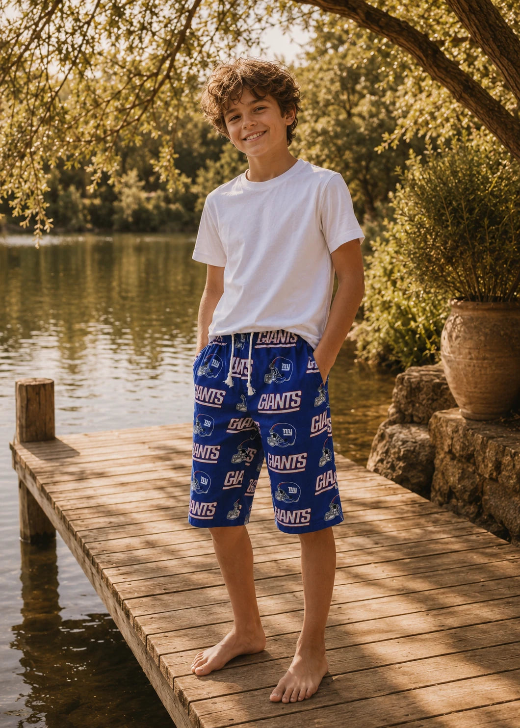 Preteen boy in a white t-shirt and football team-print Oscar Shorts standing on a wooden dock by a lake