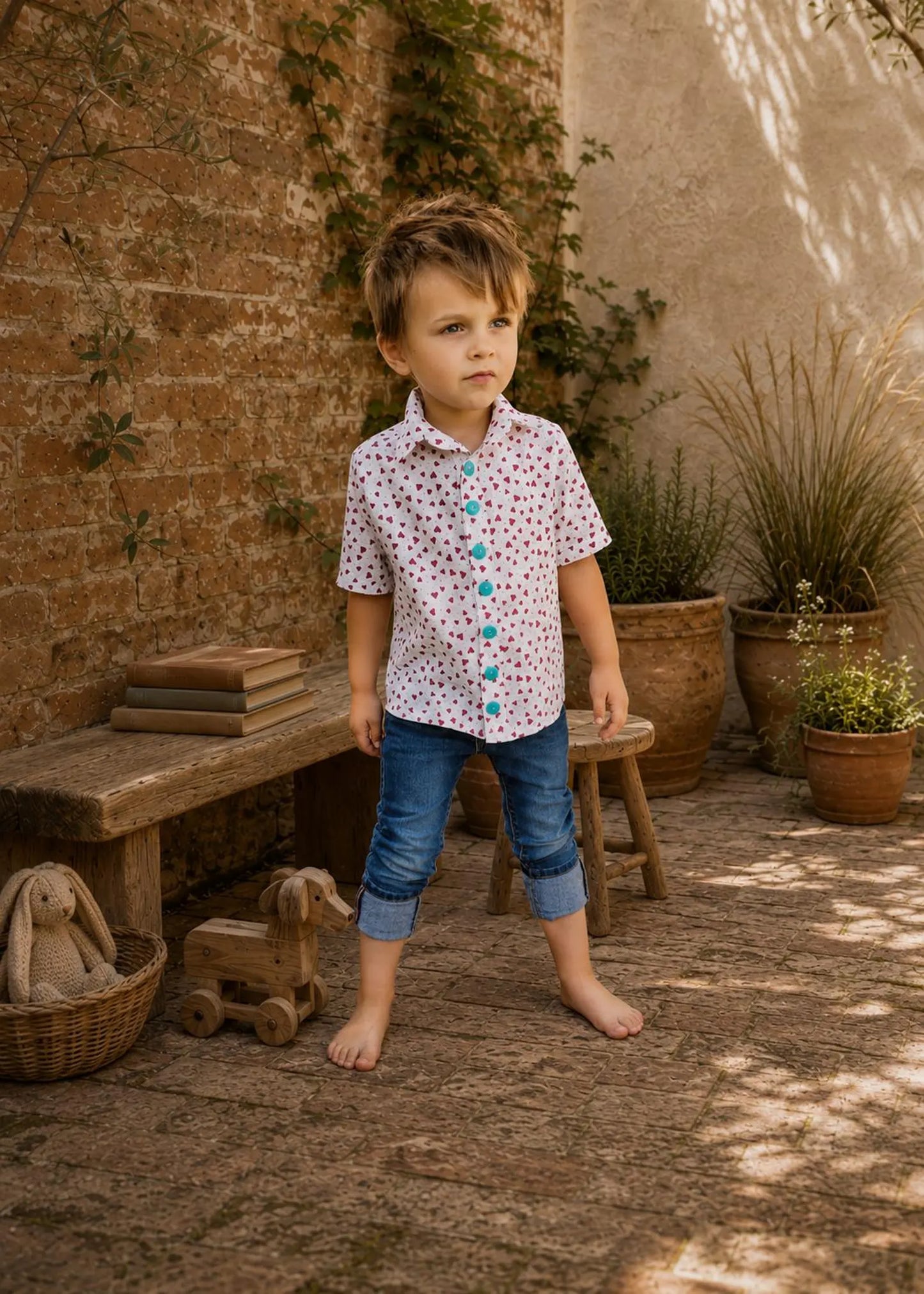 Boy in a red heart-patterned button-up shirt and cuffed jeans standing barefoot in a courtyard.