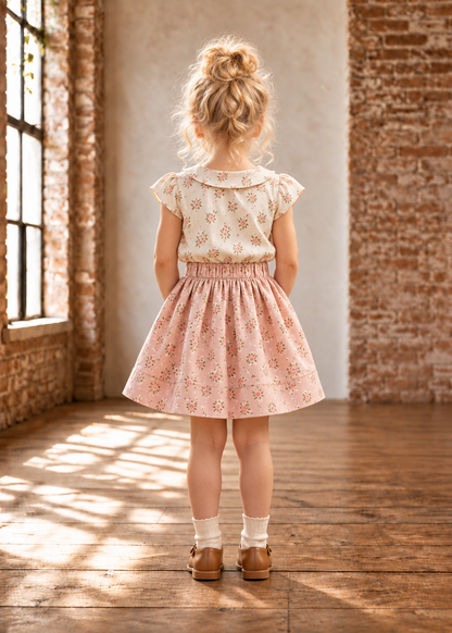 Back view of a girl wearing a cream floral top and pink floral gathered skirt, made with the Tilly top PDF sewing pattern by Frocks & Frolics