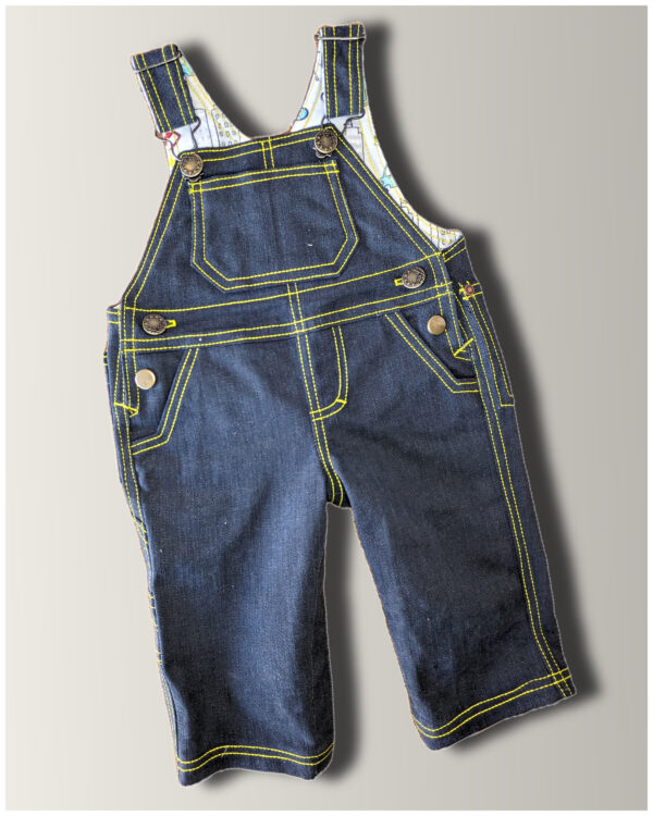 Front view of the Bobby Dazzler Romper. Classic denim dungaree design. Sewing pattern by frocks and frolics