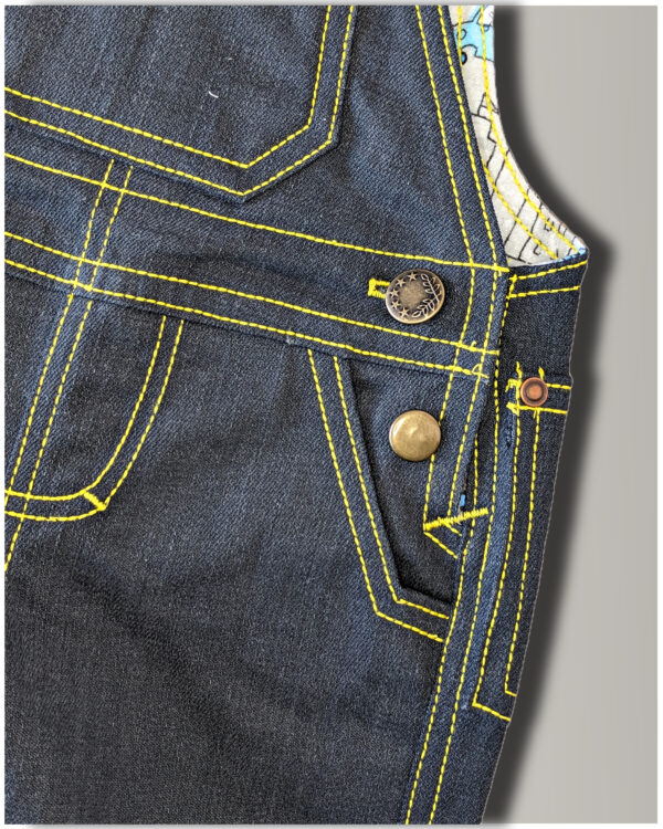 Close up of a placket side closure. Classic dungaree sewing pattern for toddlers.