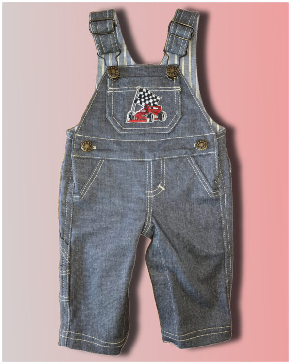 Frontal view of denim dungarees. Romper sewing pattern by frocks and frolics