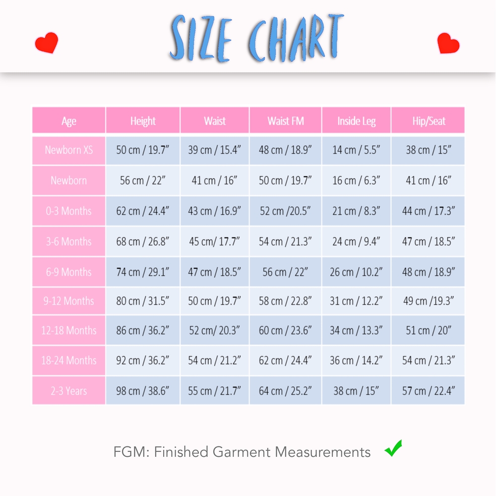 Size chart for the Bobby Dazzler overalls, dungarees baby romper.